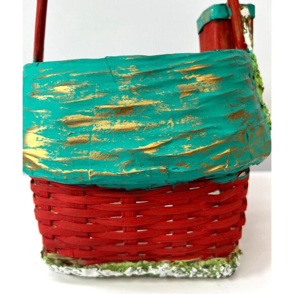 Hand-Painted Holiday Basket Cottage Design Wicker & Wood, Plaster Of Paris - Picture 6 of 8